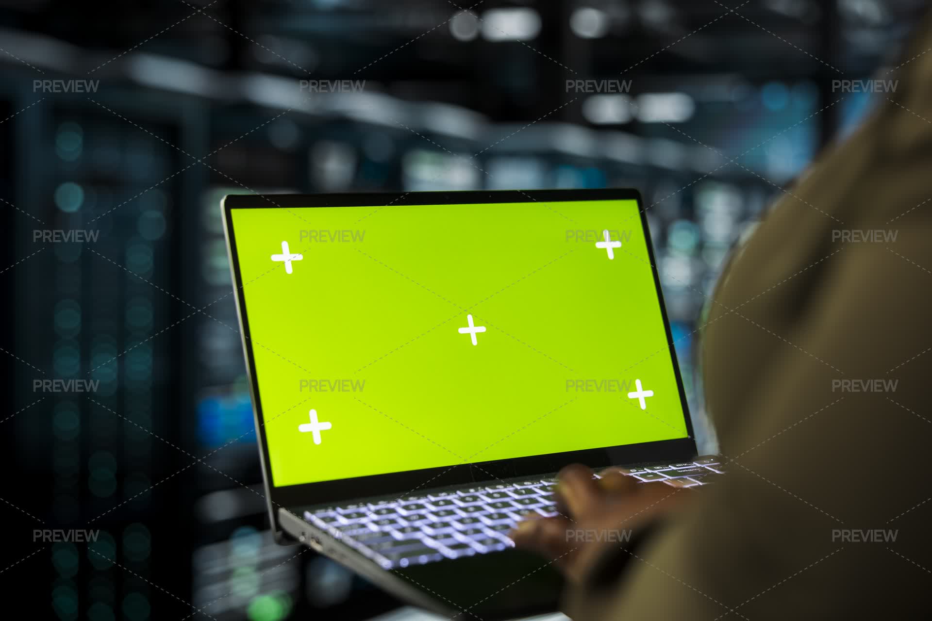 Programmer Green Close Up Of Programmer Using Green Screen Laptop In Data Center To ...