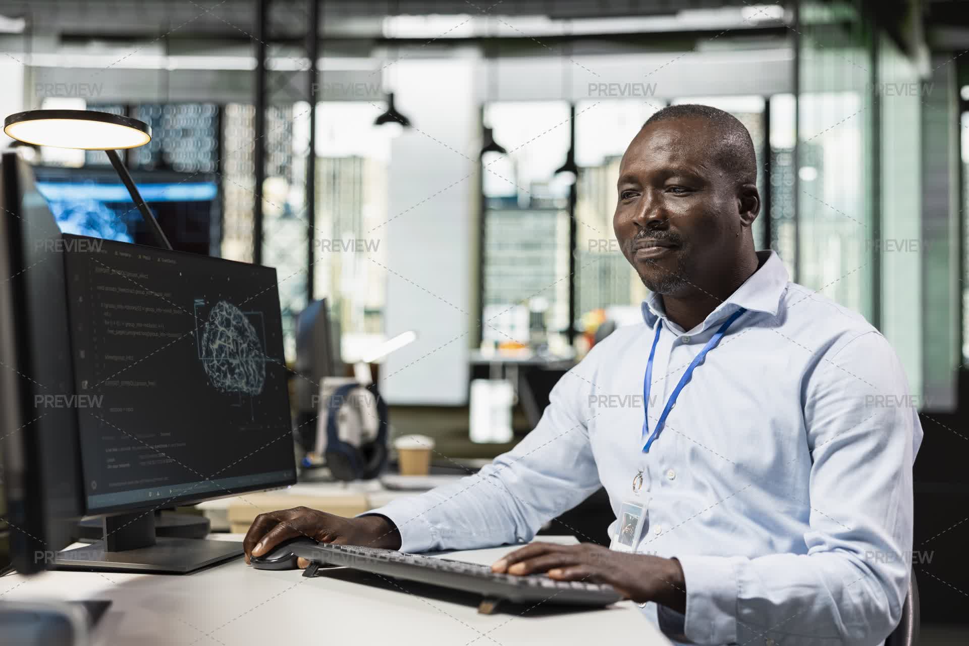 Smiling Programmer In Ai Tech Company Workplace Using Pc To Code by ...