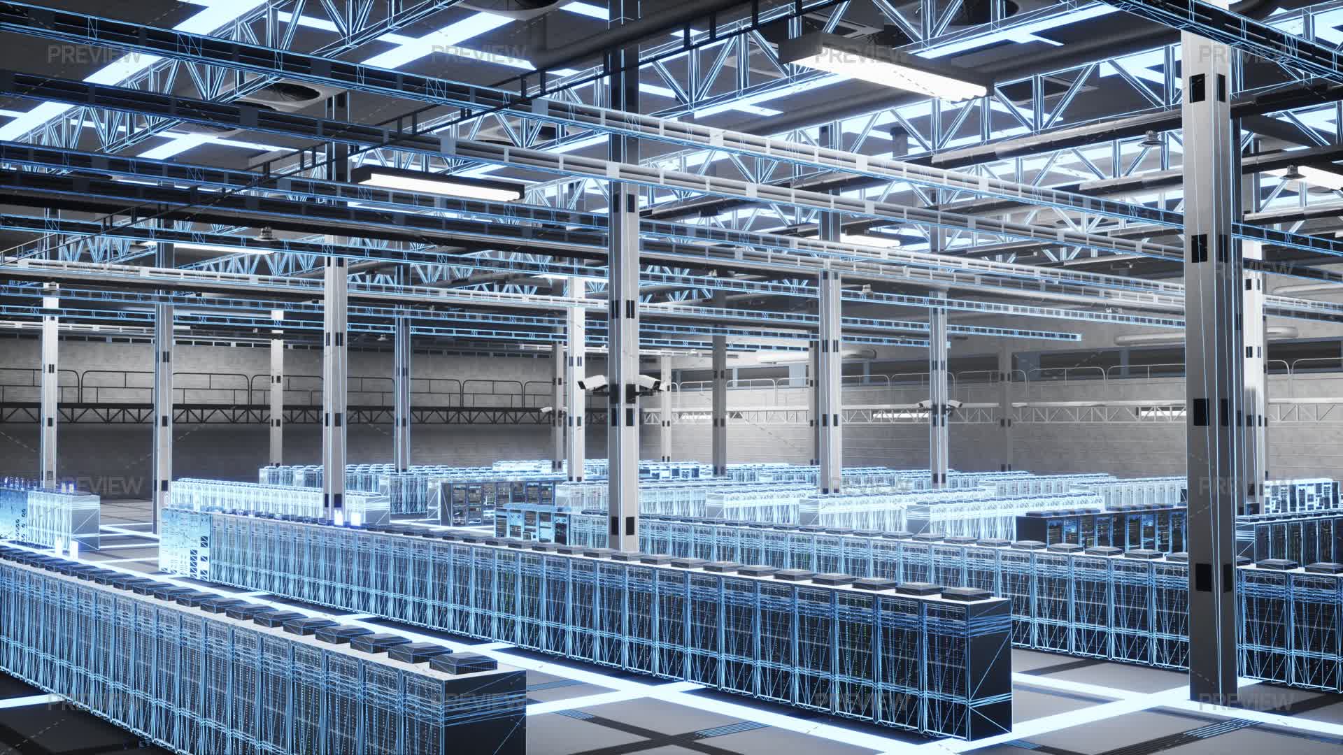 Data Center Empty Racks Installation Empty Data Center Server Racks Used For Virtualization, Blue Wireframe ...