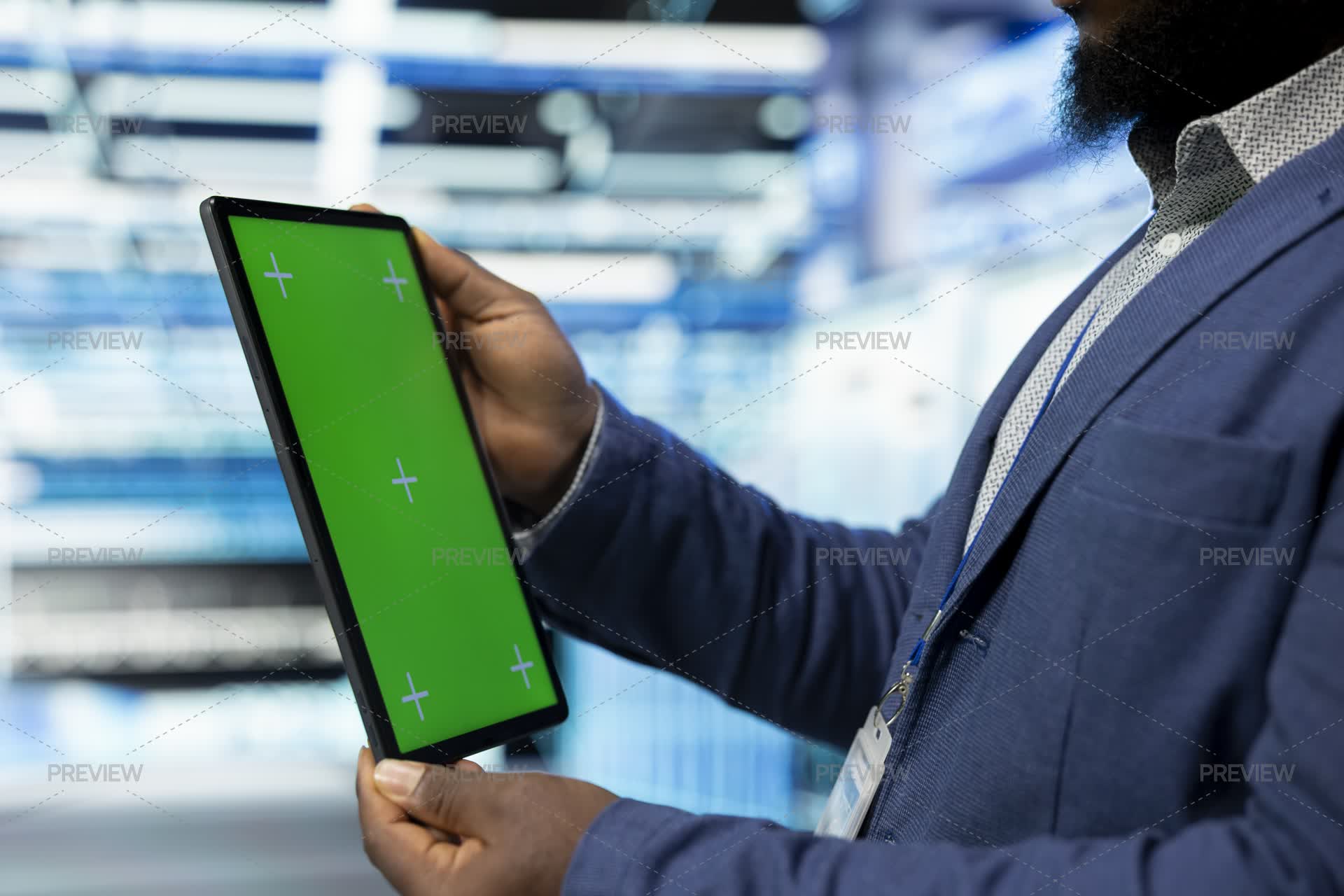 Green Screen Tablet Used By Data Center Engineer To Review Network ...