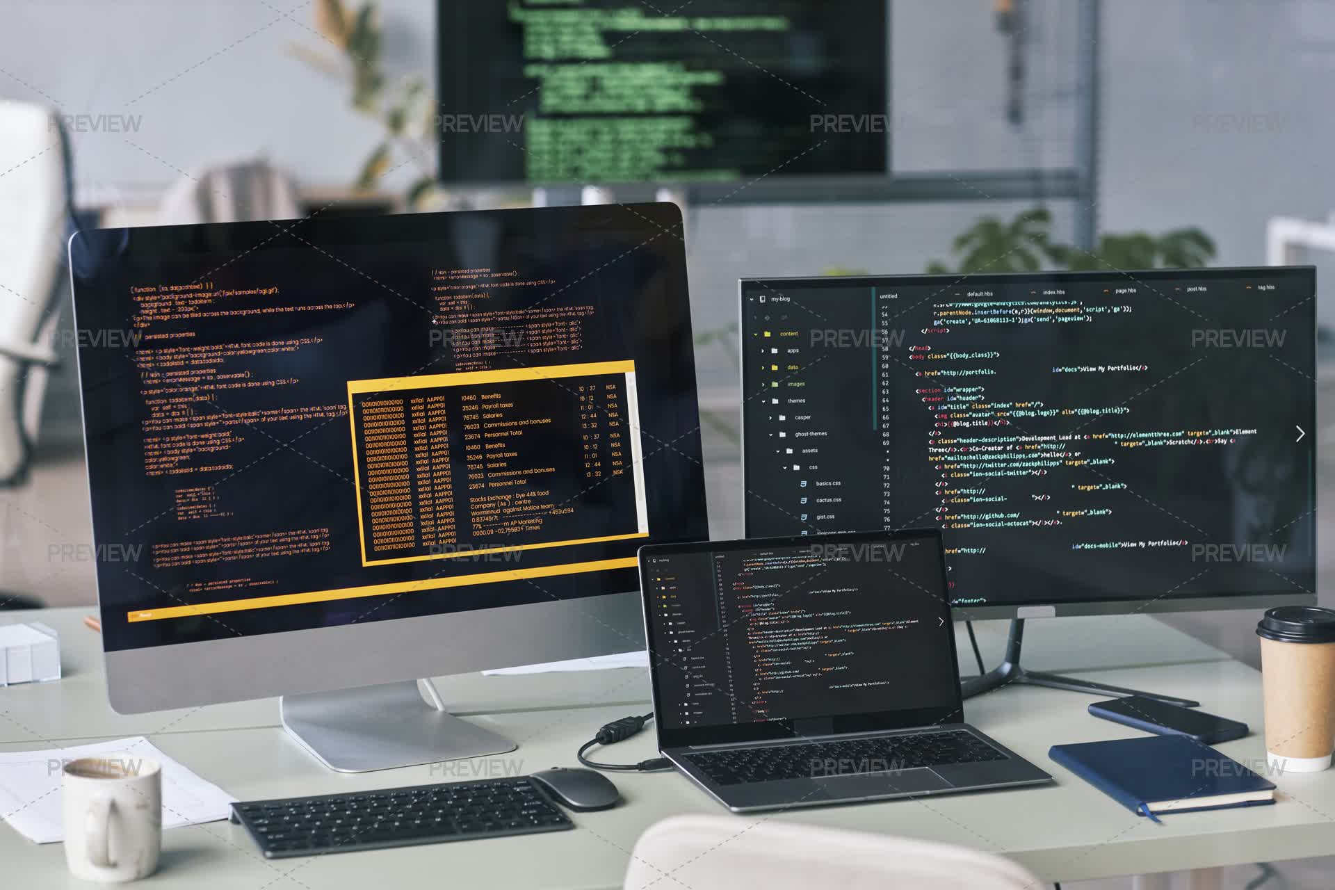 Programming Code On Monitors by SeventyFour - Stock Photos | Motion Array