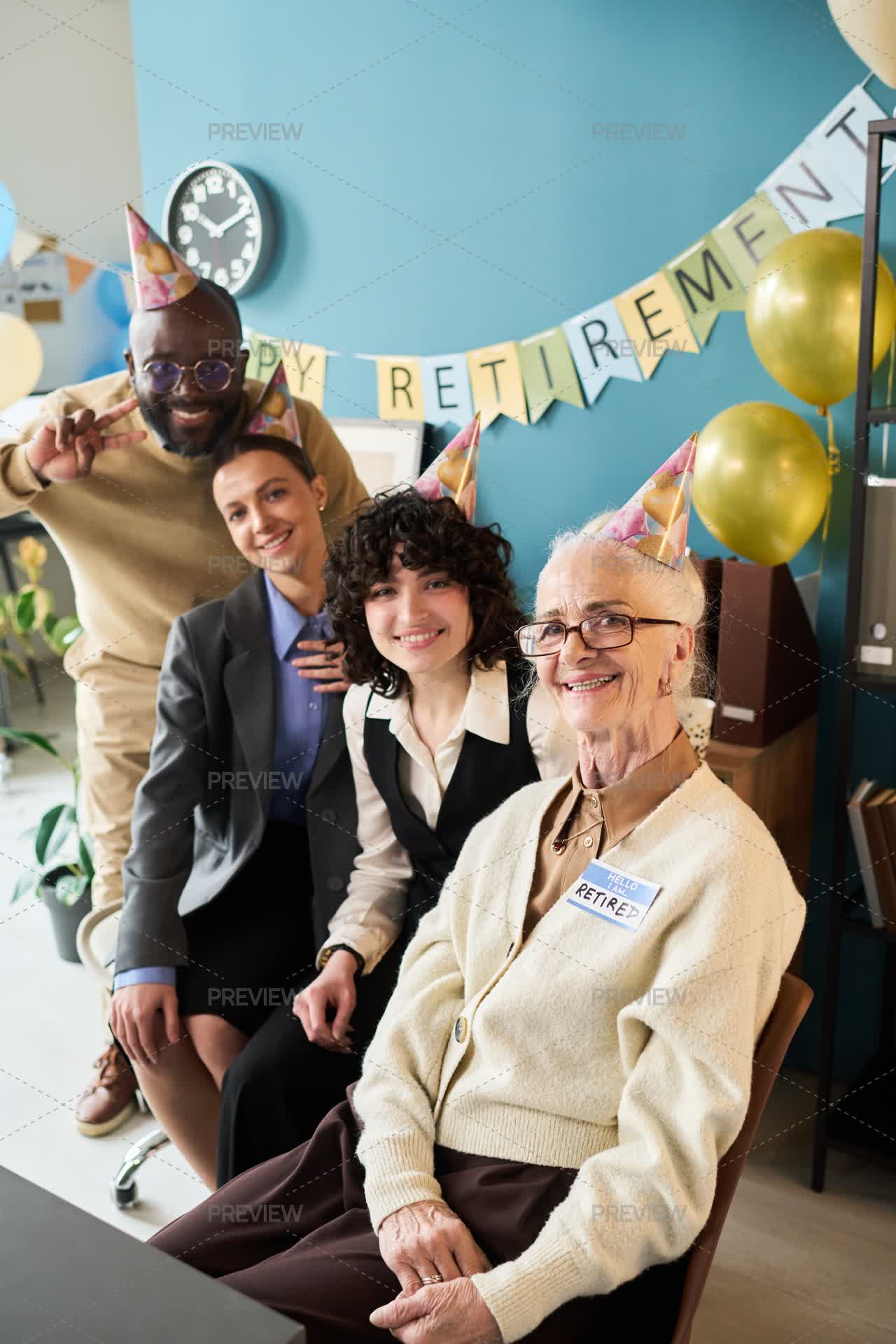 Retiree Smiling Senior Woman Smiling With Diverse Coworkers Celebrating Retirement by ...